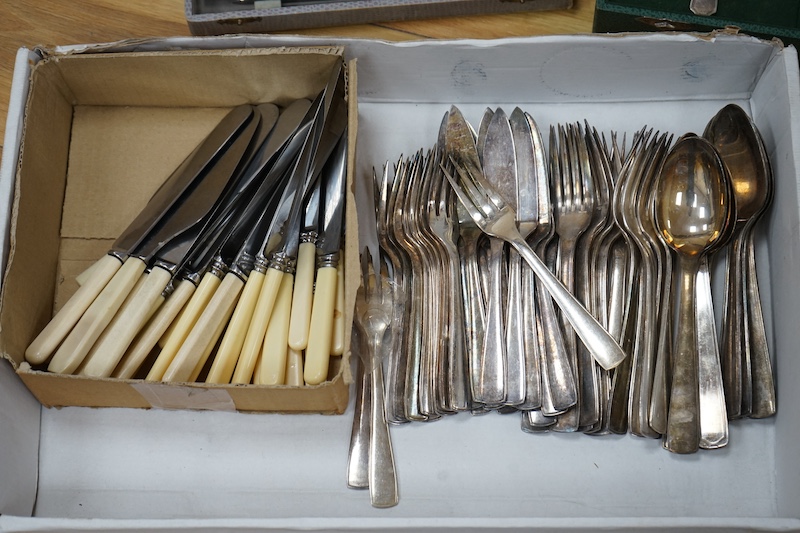 French silver plated flatware, a set of horn-handled cutlery, a silver plated tea tray and plated knife rests. Condition - fair to good